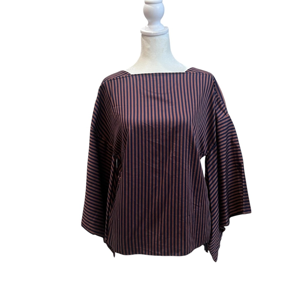 Inclan‎ Studio Bell Sleeve Blouse Navy Brown Striped Square Neck Small